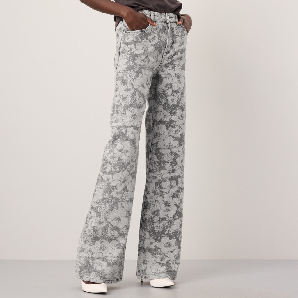 Grey Denim Flower Jeans Wide-Leg Floral Trouser Pants